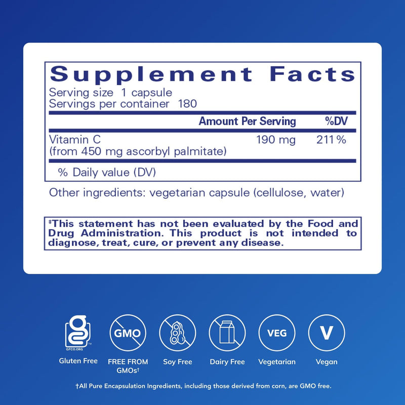 Pure Encapsulations Ascorbyl Palmitate, 180 Capsules | Vitamin C Supplement to Support Iron Absorption and a Healthy Immune System*