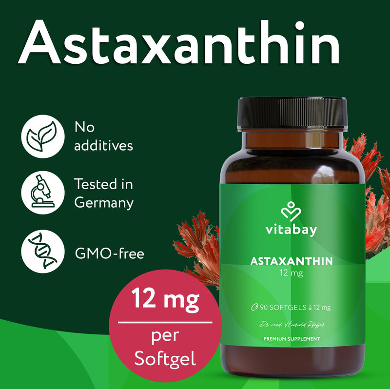Vitabay Astaxanthin 12 mg High Strength – 90 Vegan Softgels – Laboratory Tested - No Additives – Premium Raw Material Naturally Derived from Haematococcus pluvialis Algae Extract – 6 Month Supply