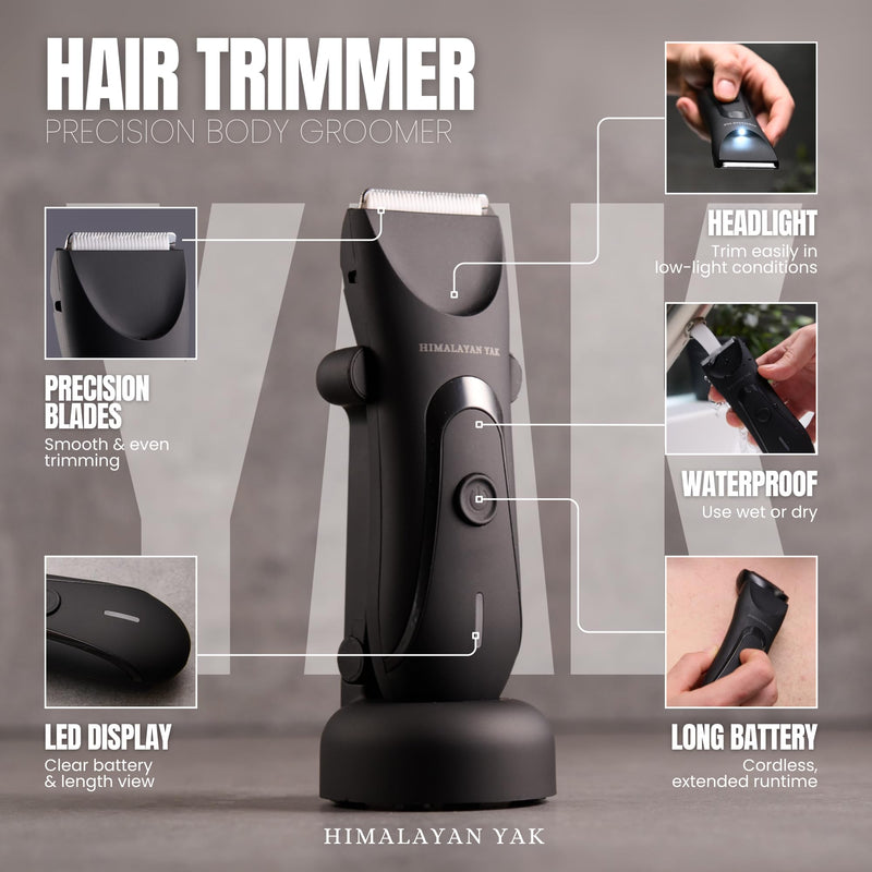 [Australia] - Dual-Head Electric Body Hair Trimmer for Men & Women, Waterproof Groin & Bikini Shaver, Wet/Dry Groomer with Replaceable Ceramic Blades,USB Recharge Dock, Hygiene Razor for Full-Body Use 