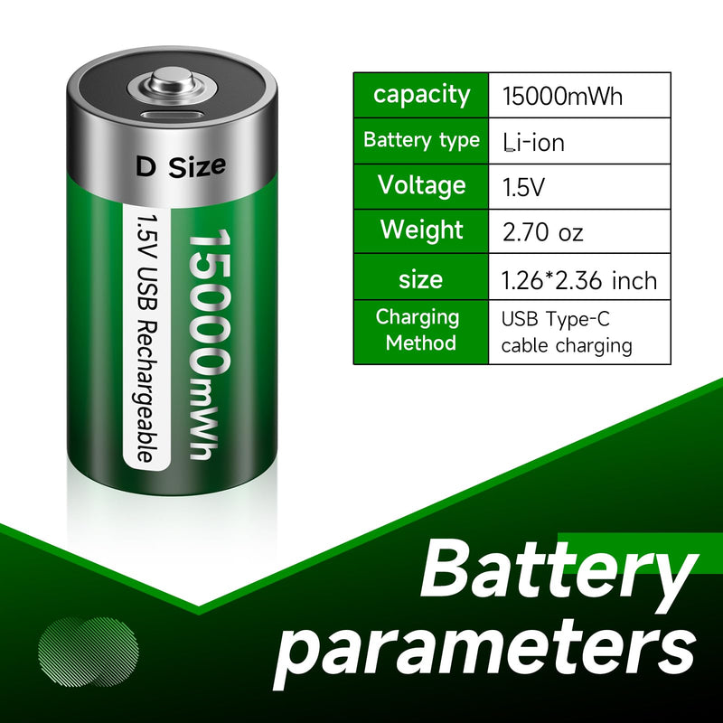 [Australia] - USB D Rechargeable Batteries Lithium 1.5V Constant Output 15000mWh Li-ion D Cell with Type-C Charging Cable,4 Pack 