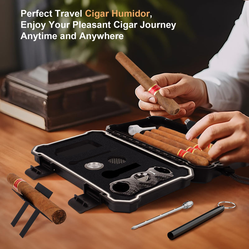 [Australia] - Travel Cigar Humidor Box Set with Cigar V Cutter, Cigar Punch, Cigar Holder, Cigar Drawer Enhancer, Humidifier & Hygrometer, Portable Outdoor Cigar Case with Cigar Accessories Kit, Cigar Gifts for Men Large Black 