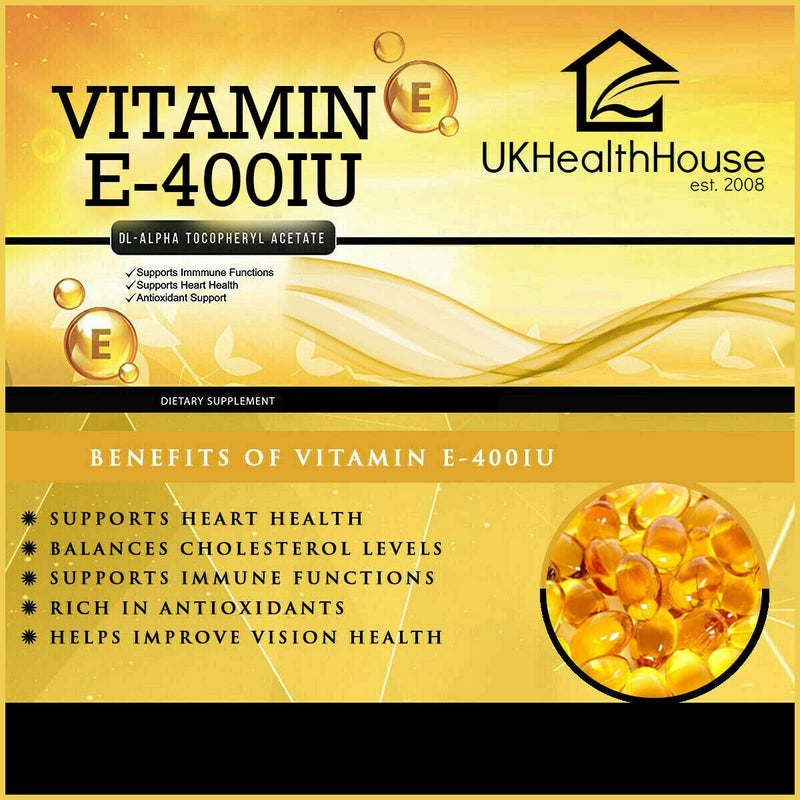 UKHealthHouse Premium - Vitamin E 400iu Capsules x 180 - Anti-Oxidant, Gluten Free, Dairy Free, Highly Absorbable, Skin Support