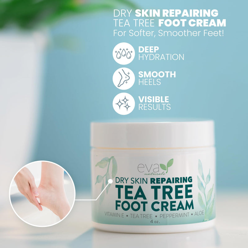 Eva Naturals Tea Tree Foot Cream with Peppermint, Menthol & Aloe, 4 fl oz | Dry & cracked heels, feet, spearmint, sunflower oil, geranium, lotion & balm, for men & women 4 Fl Oz (Pack of 1)