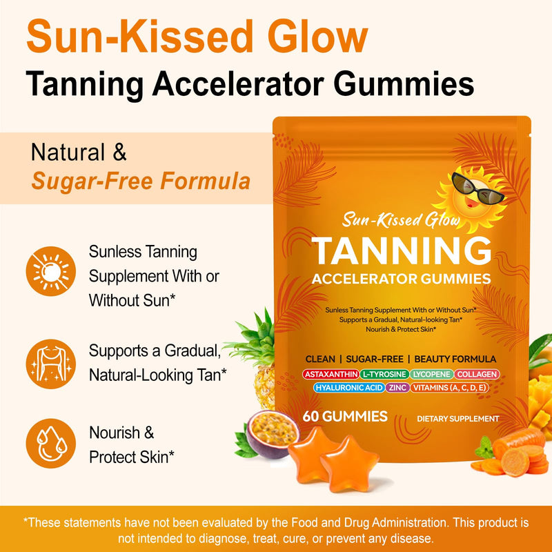 Tanning Gummies Accelerator - Sunless Tanning Supplement for a Natural Golden Glow, Sugar Free Melanin Booster with Astaxanthin, L-Tyrosine, Collagen & Vitamins for Women and Men
