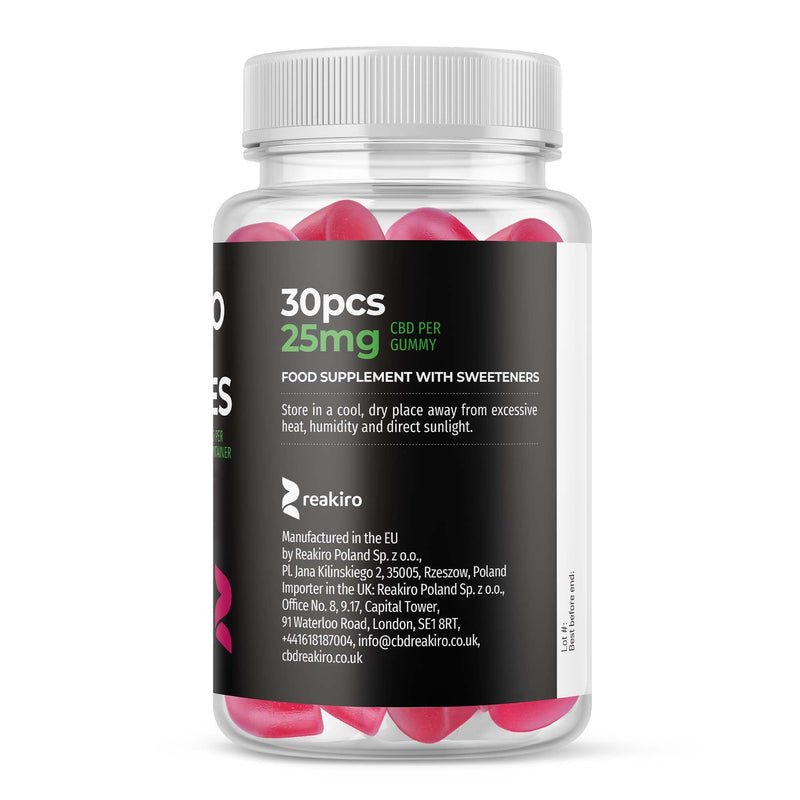 Reakiro CBD Vegan Gummies, 750mg, 30 Pieces, Cherry Flavour I 25mg per Gummy | 100% Vegan-Friendly CBD Edibles | High Strength | Stress & Anxiety Relief | Delicious Cherry Flavour 30 Capsules