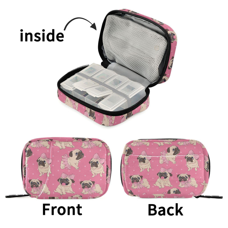 Fustylead Cute Cartoon Pugs Puppies in Pink Ballerina Tutu Bow and Dots Pill Organizer for Purse, Weekly Portable Pill Box with Zipper to Storage Vitamins Fish Oils Medications Supplements
