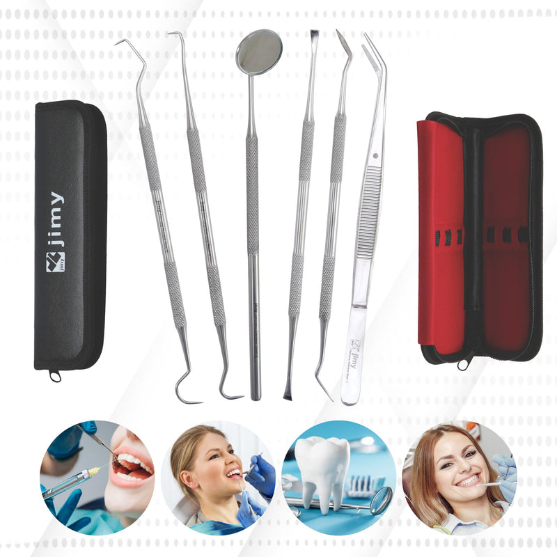 Jimy Dental Tools Set of 6Pcs, Professional Plaque Remover for Teeth, Stainless Steel Tooth Scaler & Tongue Cleaner, Dental Pick Tartar Scraper, Teeth Cleaning Tools with Case