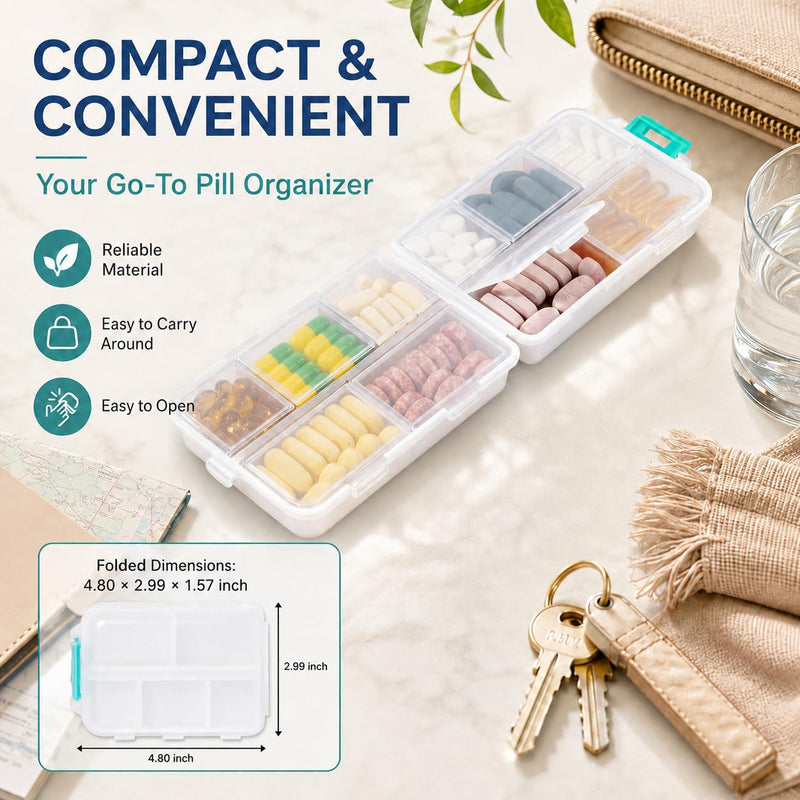 Extra Large Pill Organizer with 161 Medicine Labels, Travel Pill Case | White Extra large case with 10 compartments for 7-day pill planning, vitamins, supplements, and travel