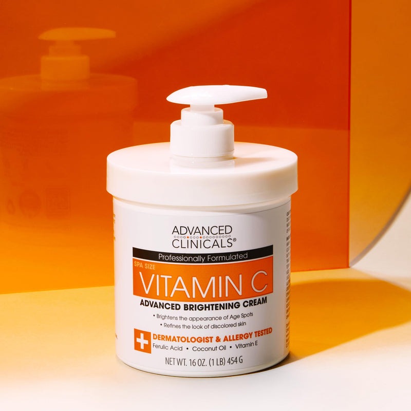 Advanced Clinicals Vitamin C Cream Visibly Brightening Body Lotion | Vitamin C Moisturizer Skin Care Body Cream For Women & Men Visibly Improves Look Of Dark Spots & Uneven Skin Tone, W/Travel Size Vitamin C Brightening Cream