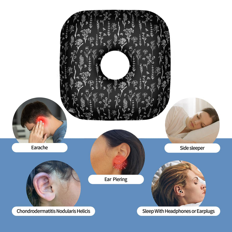 Ear Piercing Pillow for Side Sleepers, Pillow with an Ear Hole for CNH and Ear Pain Ear Inflammation Pressure Sores, O-Shaped Side Sleeping Pillow, Cow Texture Ear Guard Pillow Black/White Flowers One Size