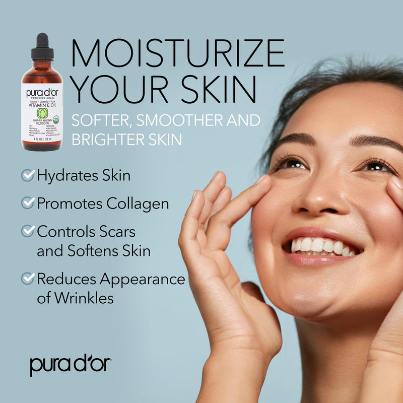 [Australia] - PURA D'OR 4 Oz ORGANIC Vitamin E Oil Blend 70,000 IU - 100% Natural Hexane Free, Sweet Almond, Apricot, Jojoba, Argan, Rosehip, Sunflower & Avocado Bath Oil For Scars, Skin, Face & Full Body 
