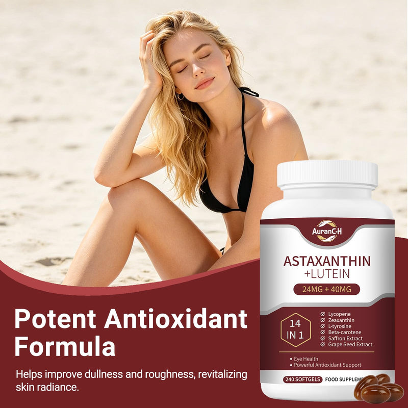 Astaxanthin 24mg & Lutein 40mg, 14 in 1 Supplements 240 Softgels, with Zeaxanthin Supplements, Fresh Microalgae Source, Gluten Free, Supports Eye, Skin Health & Natural Tanning, Antioxidant