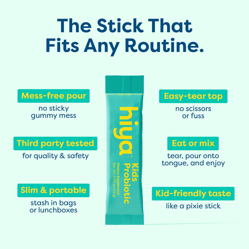 Hiya Kids Probiotic, Supports Gut Health, 20 Stick Pack for Toddlers & Kid | 10 Billion CFU with Clinically-Studied Strains for Ages 2+, Supports Gut Health & Immune, 0g Sugar, Third Party Tested