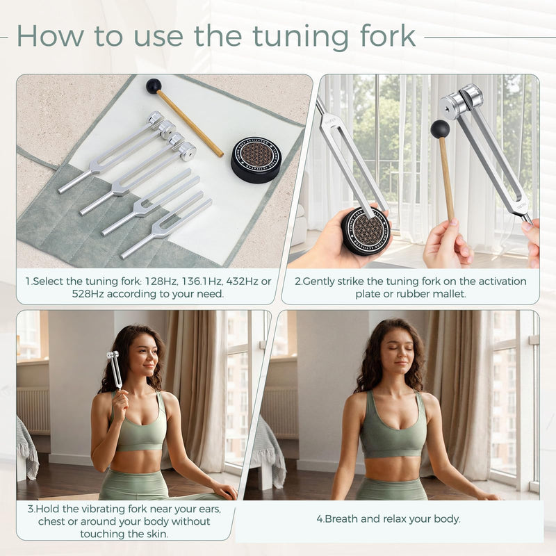 Tuning Forks for Healing Set, 128Hz 136.1Hz 432Hz 528Hz Sound Kit | Weighted and Unweighted Tuning Forks with Activator and Pouch for Meditation, Yoga, Sound Practice and Relaxation