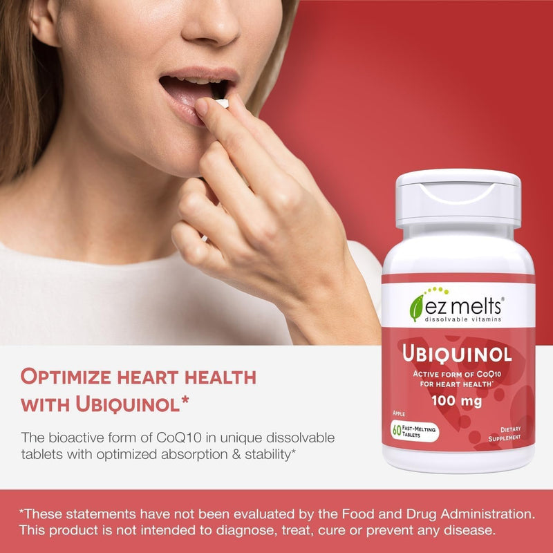 EZ Melts Ubiquinol 100 mg - CoQ10 Supplement for Heart Health & Energy Support - Antioxidant Protection - No Artificial Flavors - Non-GMO & Vegan - Apple - 120 Dissolvable Tablets (120 Servings) 60 Count (Pack of 2)