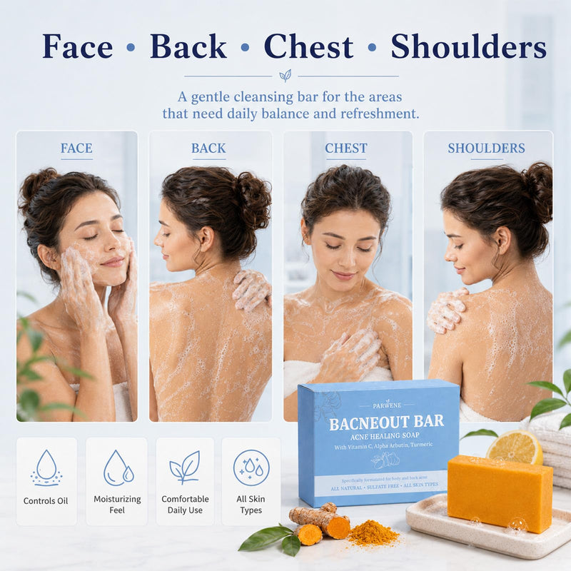 BacneOut Bar, Acne Healing Soap with Turmeric Vitamin C & Alphaarbutin, Natural Exfoliating Cleanser for Back, Face, Chest, Shoulders (2) 2