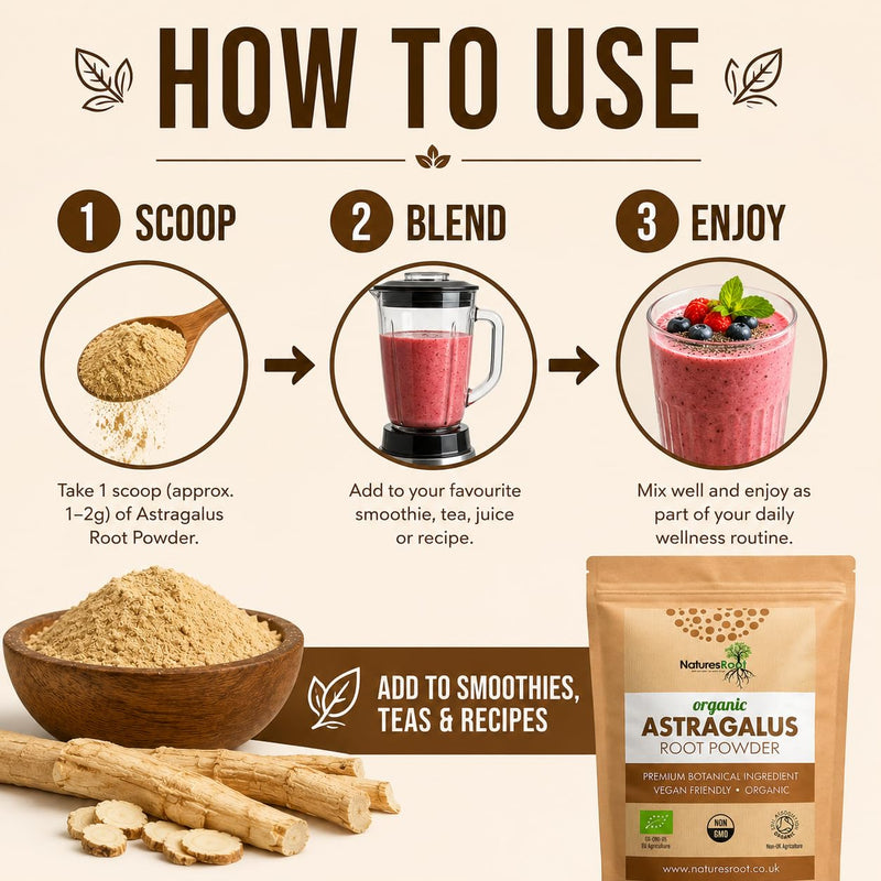 Natures Root Organic Astragalus Root Powder - 500g Herbal Supplement | Single Pack - Boosts Vitality, Promotes Healing, Reduces Fatigue, Aids Digestion
