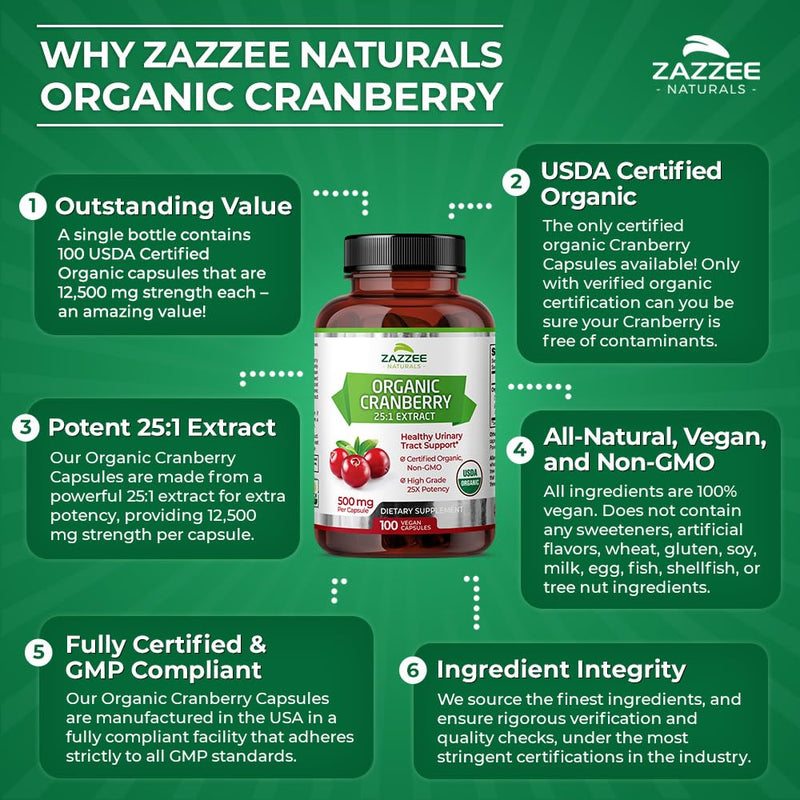 [Australia] - Zazzee USDA Organic Cranberry 25:1 Extract, 12,500 mg Strength, 100 Vegan Capsules, Over 3 Month Supply, Standardized, Concentrated 25X Extract, 100% Vegetarian, Certified Organic, Non-GMO All-Natural 