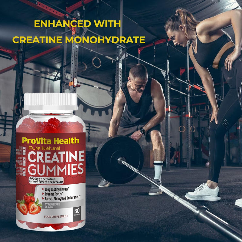 Creatine Monohydrate Gummies 4000mg for Men & Women - 60 Chewable Creatine Gummies Strawberry Flavoured Creatine | Pre Workout Gym Supplement| Vegan | (1 Months Supply) (1) 1