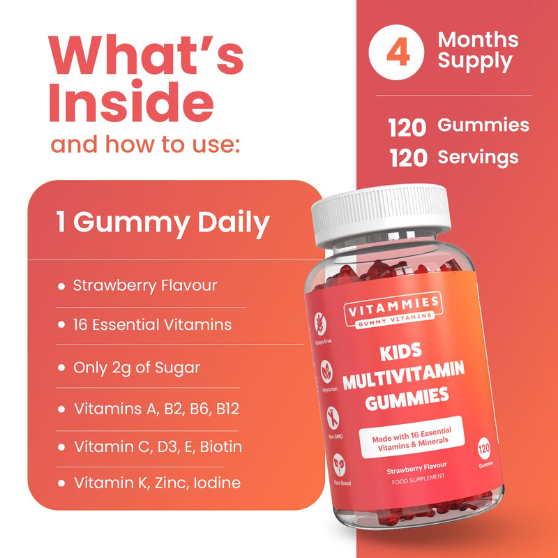 Vitammies Vegan Kids Vitamins | Kids Multivitamin Gummies | 4 Month Supply | 16 Essential Nutrients | Vitamin C, A, D3, B2, B6, B12, E, K, Biotin, Iodine, Zinc & More | Non-GMO | Chewable | GMP Kids Multivitamins Gummies