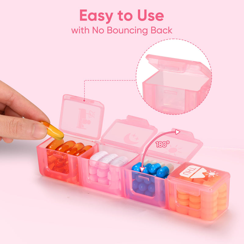 Fullicon Large Pill Organizer 4 Times a Day, 7 Day Pill Box, Pink | Each Compartment Holds 12 Fish Oils or 13 Vitamins, Clear Daily Icons, Durable Printing, Easy Open, Secure Snap Lids