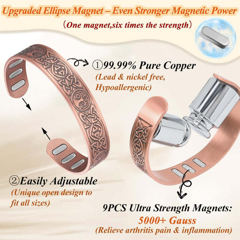 [Australia] - Copper Magnetic Bracelet for Men, with Powerful 9X 5000 Gauss Magnets, Adjustable Solid Pure Copper Celtic Sun Moon Life Tree 