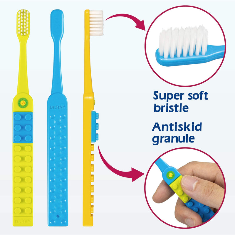 [Australia] - Dr.RAY Kids Toothbrush with Building Blocks and Toothbrush Covers, Extra Soft, Ages 6+ (Pack of 3, Multi-Colored) 
