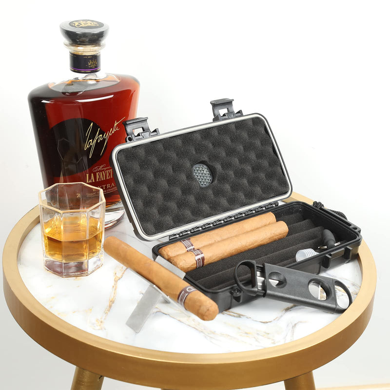 [Australia] - Travel Humidor Box With Cigar Accessories - Spanish Cedar, Humidifier, Cutter, Stand, Punch - Holds 4-5 Cigars - Waterproof, Crushproof, Airtight Seal Store 4-5 cigars 