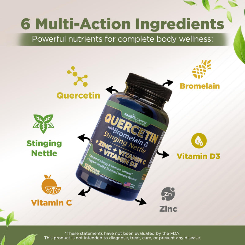 Gade Nutrition Quercetin with Bromelain Vitamin C and Zinc + Stinging Nettle | Immune Support Supplement 500mg Capsules | Non-GMO | Made in USA | 4 Month Supply 120 Count (Pack of 2)
