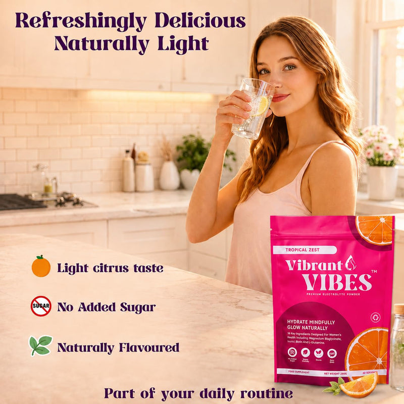 Vibrant Vibes Women’s Electrolyte Powder – Clean Daily Hydration | Zero Sugar, Magnesium, B & C Vitamins | Vegan Electrolytes | 280g Pouch – 40 Servings, Tropical Zest Flavour.