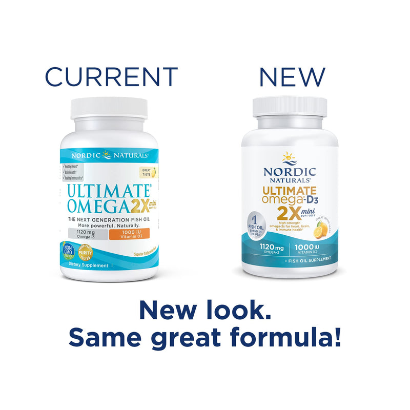 [Australia] - Nordic Naturals Ultimate Omega 2X Mini D3, Lemon Flavor - 1120 mg Omega-3 + 1000 IU Vitamin D3-60 Mini Soft Gels - Omega-3 Fish Oil - EPA & DHA - Promotes Brain & Heart Health - 30 Servings 
