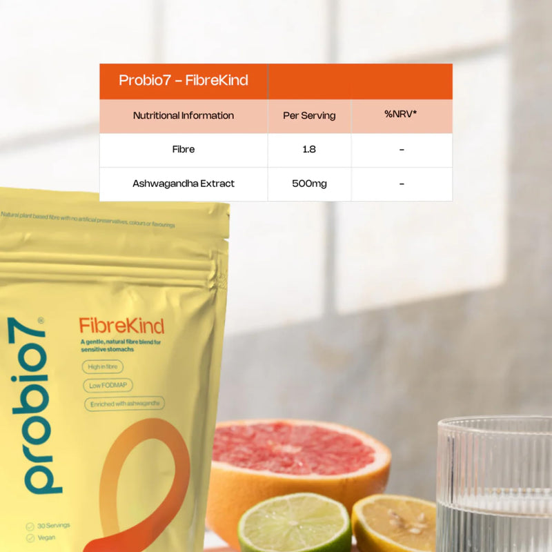 Probio7 Probiotics FibreKind - Fibre Supplement for Sensitive Stomachs. 4 Types of Low-FODMAP Approved Fibres, Acacia Fibre & Partially Hydrolysed Guar Gum (PHG) with Ashwagandha | 30 Servings