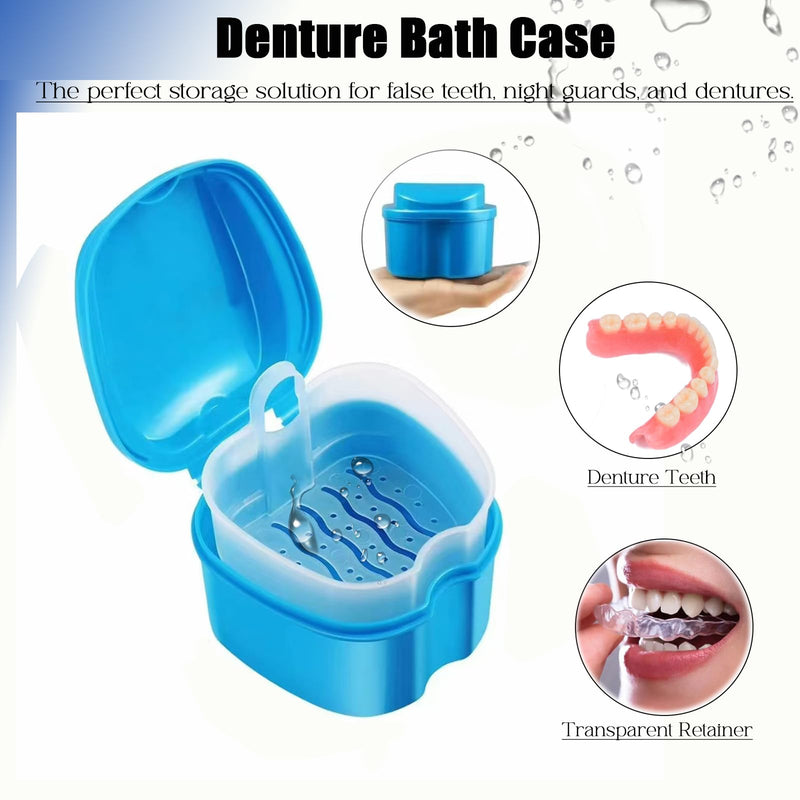 [Australia] - 4PCS Denture Bath Case Cup Kit Denture Storage Bath Box Denture Brush Kit Denture Cleaning Kit with 2 Denture Brush, Retainer Cases and Denture Bath Case with Strainer Basket and Lid Blue&Light Blue(Set of 4) 