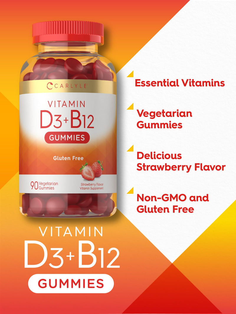 Carlyle Vitamin D3 + B12 Complex Gummies | 90 Count | Vegetarian, Non-GMO, and Gluten Free Formula | Strawberry Flavor Supplement | Vegetarian, Non-GMO, and Gluten Free Formula | Strawberry Flavor Supplement