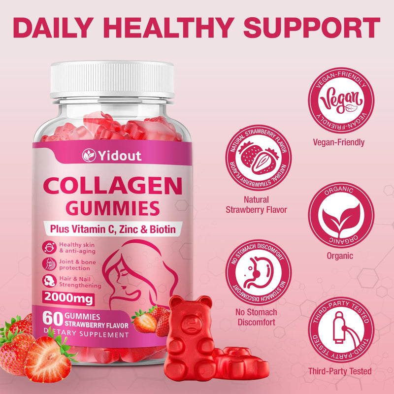 2000mg Collagen Peptides Gummies, Hair Skin Nails Support, Strawberry 120 Count 60 Count (Pack of 2)
