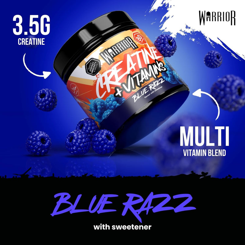 Warrior Creatine Monohydrate 360g (80 Servings) – Creatine Powder + Multivitamin with Magnesium & Vitamin D – All-in-One Gym & Sports Performance Formula for Strength, Muscle & Energy – Blue Raspberry Blue Razz