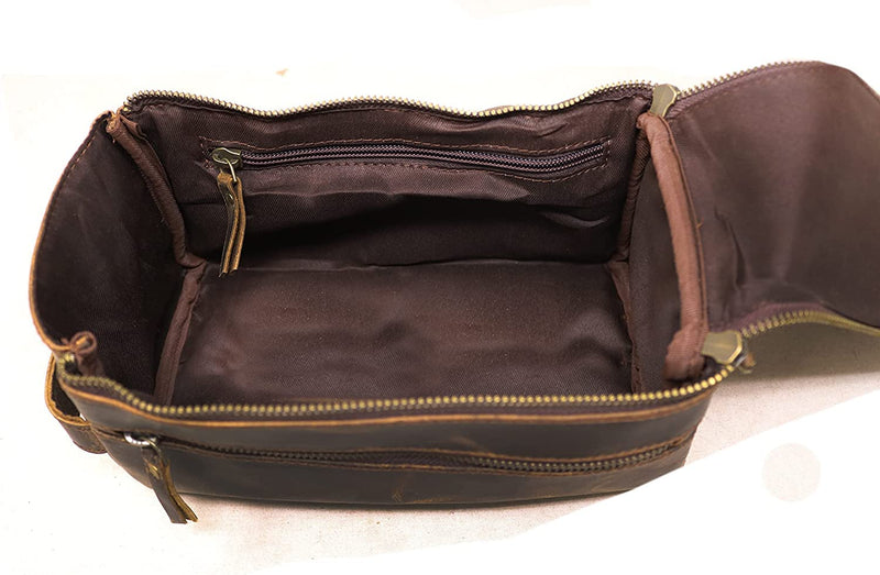 Men's Genuine Leather Toiletry Bag Waterproof Dopp Kit Shaving Bags And Grooming For Travel Groomsmen Gift Men Women Hanging Zippered Makeup Bathroom Cosmetic Pouch Case Make Up kit
