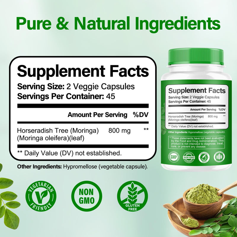 Moringa Capsules | 800mg Pure Moringa Powder Capsules – Supports Energy, Skin & Gut Health, Immune System – Green Superfood with Vitamins & Amino Acids (90 Caps) 90 Count (Pack of 1)