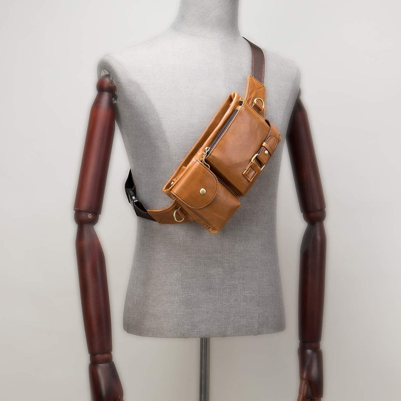 Genuine Leather Fanny Pack for Men Women Small Waist Purse Travel | Brown Sling Cross Body Waist Bag, Lightweight Belt Bag for Walking Hiking, Adjustable Strap, Mulit-pockets