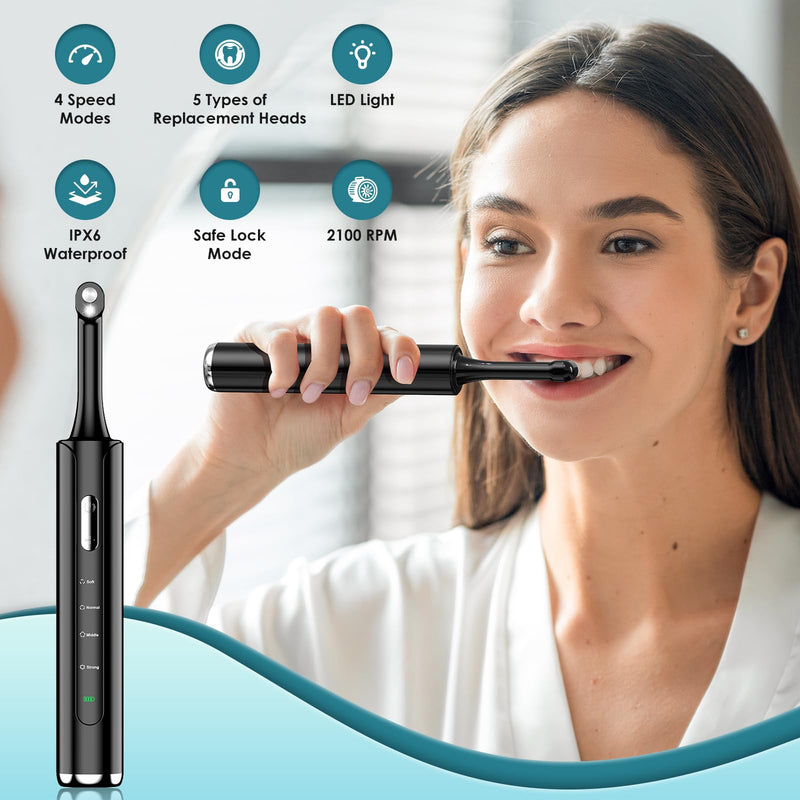[Australia] - Tooth Polisher, Rechargeable Teeth Polisher with 5 Brush Heads, 4 Speed Modes, Tooth Whitening Kit for Cleaning and Polishing, LED Light, 3 Polish Pastes, IPX6 Waterproof Teeth Cleaning Tools, Black 