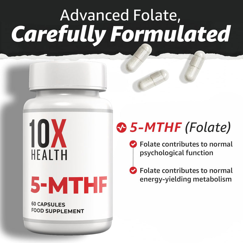 10X Health 5-MTHF - 60 Capsules Methylated Folic Acid with Magnesium - Bioactive Vitamin B9 for Brain, Heart & Neurotransmitter Synthesis - Bioavailable Methyl Folate Supplements
