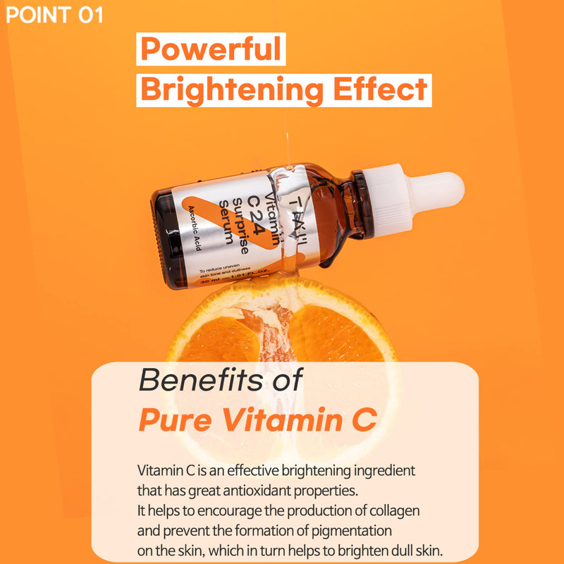 TIAM Vitamin C24 Surprise Serum, 1.01 fl oz, Glow-Boosting & Anti-Aging with Vitamin E and Ferulic Acid for Dull Skin and Fine Lines, Korean Skin Care