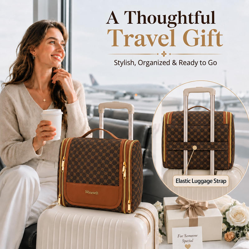 Women Travel Toiletry Bag Large Hanging Toiletry Bag with Mirror | Leather Makeup Bag Organizer with Removable Partition & Hook,Travel Cosmetic Organizer for Full-Size Toiletries Accessories Brown