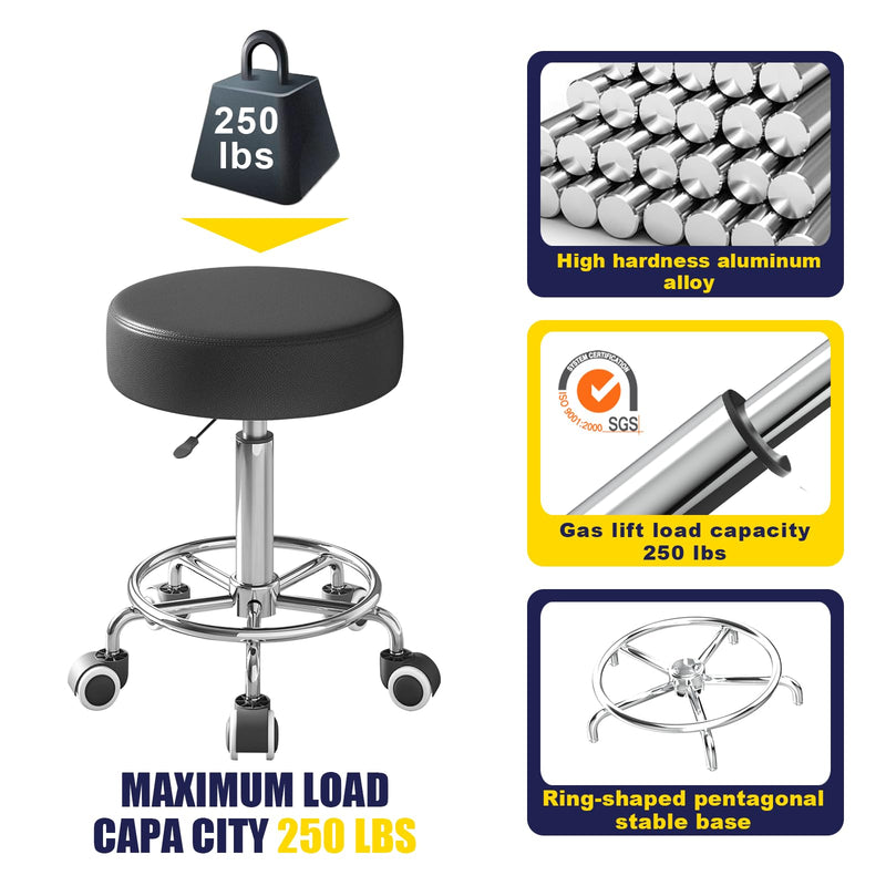 [Australia] - Rolling Stool, Heavy Weight Capacity 250lb, PU Leather Rolling stools, Ultra Soft Padded Seat, Rolling Stools with Wheels and Footrest, 360¬∞ Swivel, Spa Drawing Salon Work Office Tattoo Stool (black) Black 