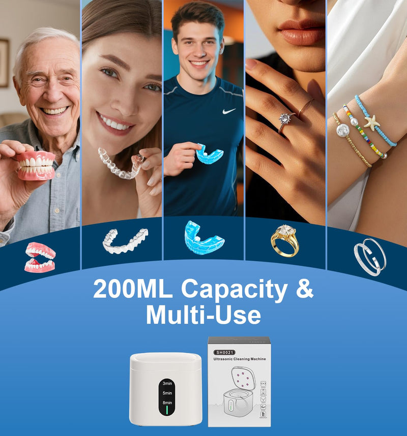 [Australia] - 2025 Ultrasonic Retainer Cleaner Machine, 45kHz Retainer Cleaner with Digital Timer & 3 Modes, 200ML Large Capacity Ultrasonic Cleaner for Dentures, Night Guards, Braces, Aligner, Jewelry and More White 