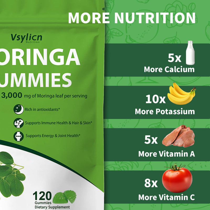 120 Moringa Gummies 3000mg | High Strength Moringa Leaf Extract | Antioxidant Supplement with Stevia | Immune Support, Energy, Hair, Skin & Joint Health | Cortisol Reducing Supplements