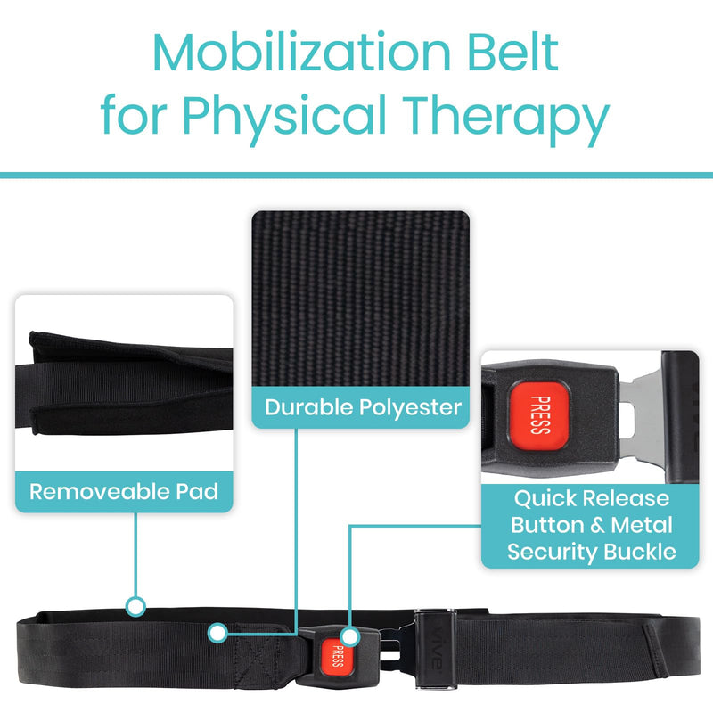 Vive Mobilization Belt for Physical Therapy with Buckle - Manual Traction Stretching Band - PT Traction Strap Belt for Stretching, Mobility, Massages & Exercise (Black) Black
