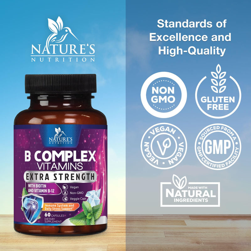 B Complex Vitamins Capsules - Super Complete B-100 Complex with Vitamin B12 B6 C Biotin Folate & Folic Acid for Immune & Energy Support - Supplement for Heart, Brain, & Nerve Support - 60 Capsules 60 Count (Pack of 1)