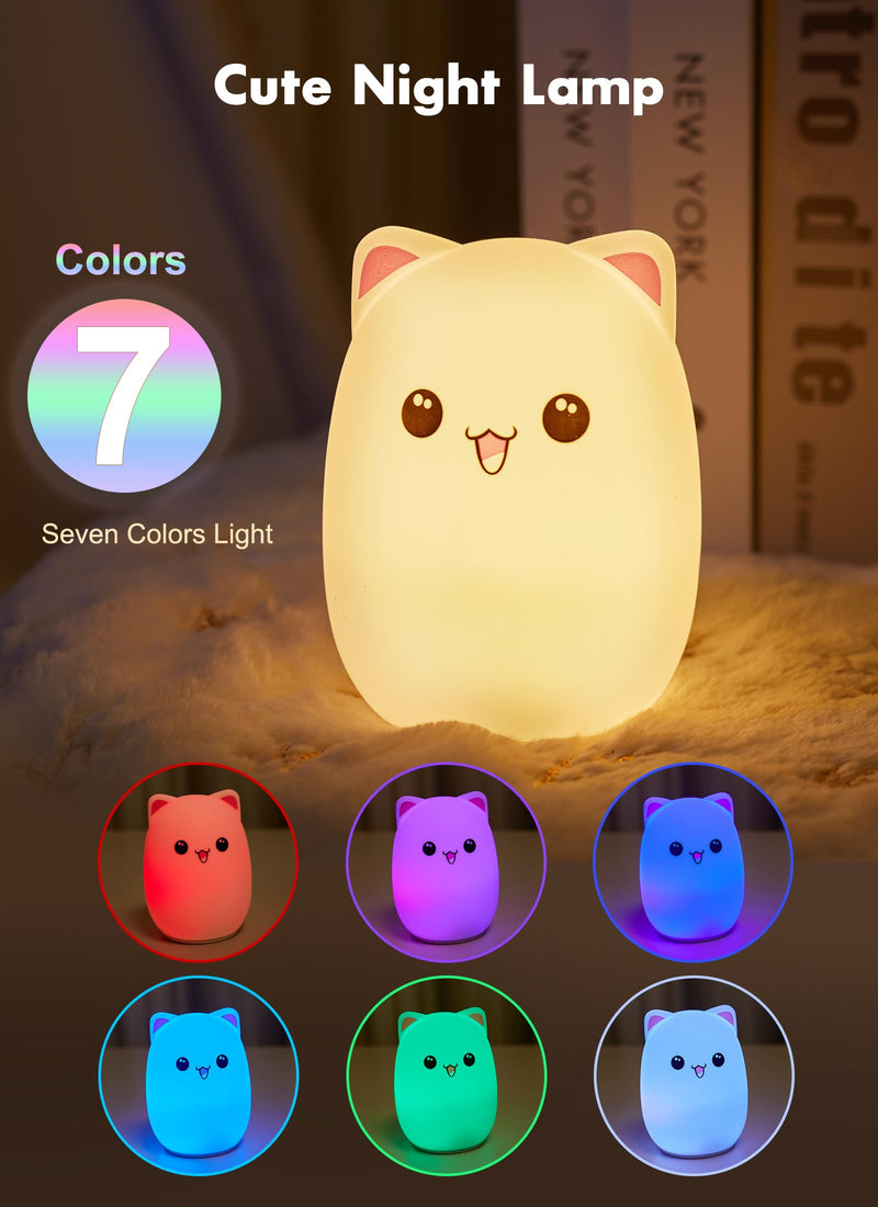 [Australia] - Minetom Night Light for Kids, Cute Silicone Kitty Night Light with 3 Levels of Brightness, 7 Colors Rechargeable Lamp for Bedroom, Girls and Boys, Nursery, Baby Gifts, Tap Control Kawaii Cat 