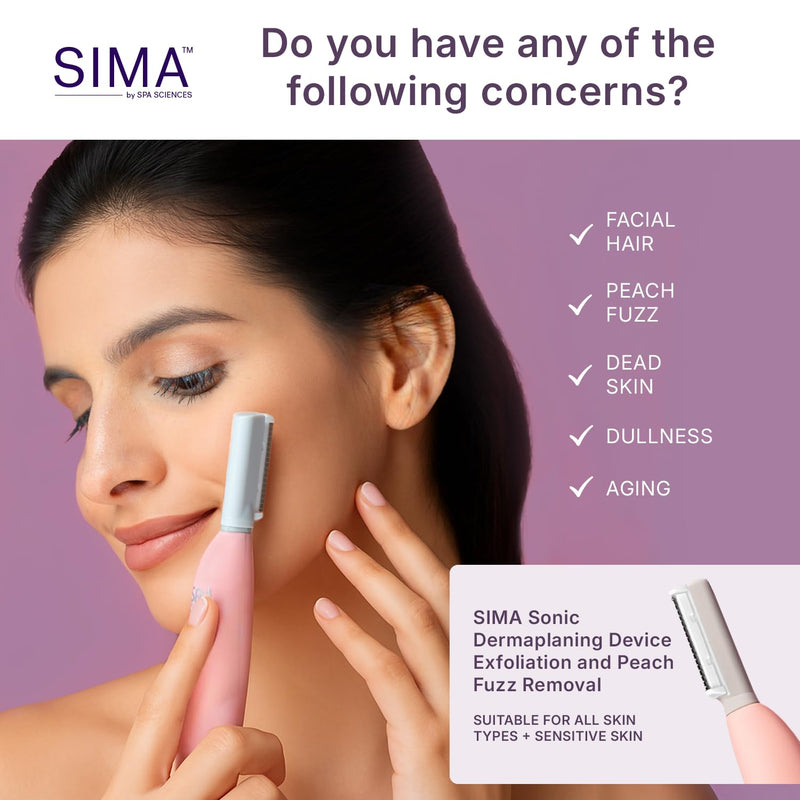 [Australia] - SPA SCIENCES - SIMA Patented Dermaplane Razor for Women Face – Painless 2-in-1 Facial Exfoliation & Peach Fuzz Hair Removal – Anti-Aging – 3 Speeds – Rechargeable – 19 Weeks Treatment Pink 